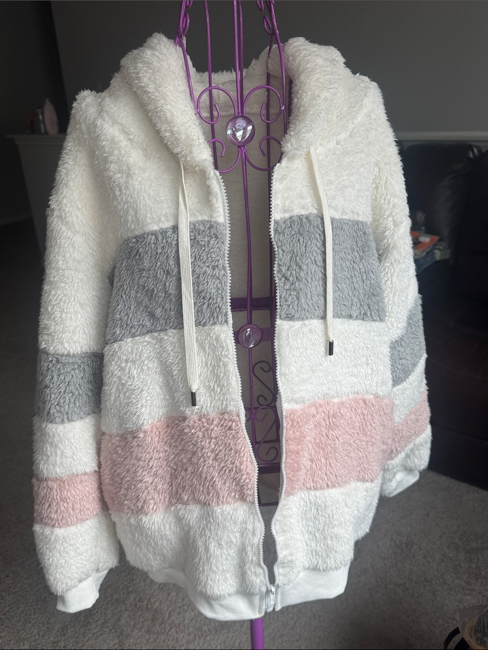 Micoson Plush Striped Hooded Zip-Up Sweater - White, Gray & Pink